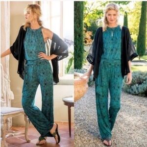 Soft Surroundings Tropical Print Wide Leg Tie Waist Jumpsuit Sz S
